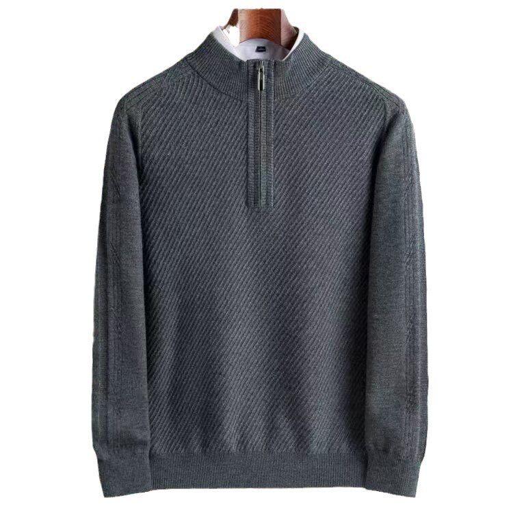 冬季加厚针织毛衣纯羊毛男士半拉链提花羊毛衫男款上衣