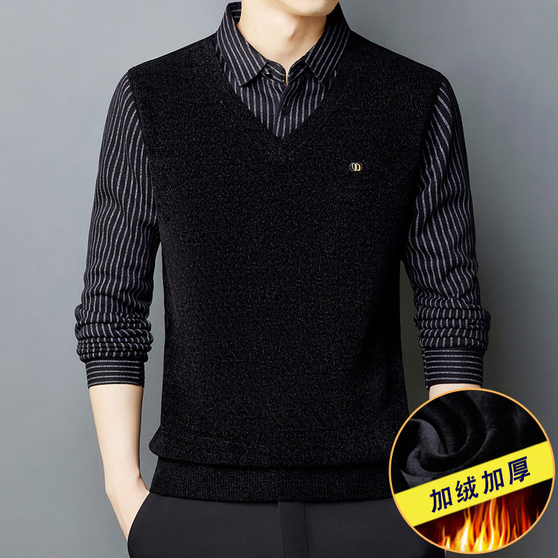 秋冬季加绒假两件男衬衫领t恤中年 恩郎T恤