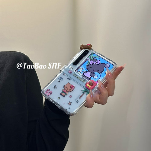 ins海摊黑皮kt猫适用Pura X华为Pocket 2手机壳小米MIXFlip折叠FindN3Flip三星Zflip7/6/5手链nova荣耀VFlip2 - 图0