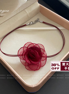 不掉色 高版本性感黑蕾丝山茶花项链女轻奢小众双层皮绳短款颈带