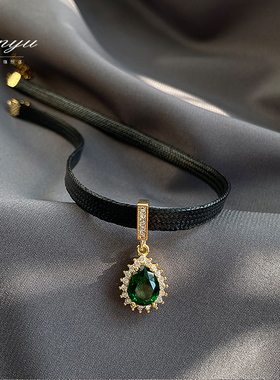 高档微镶水晶项链女短款皮绳颈带