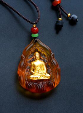 惠古琉璃荷花款药师佛佛龛吊坠男女结缘南无药师佛大鹏微雕链项链