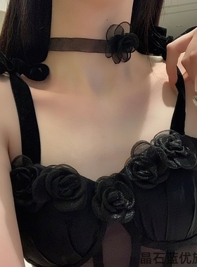 玫瑰花绑绳项圈黑色蕾丝