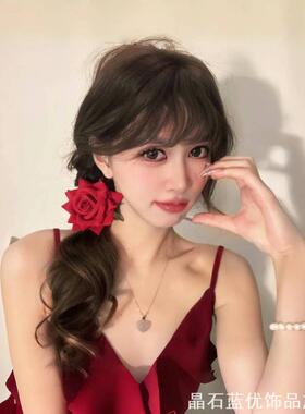 刘海侧边夹春夏2025年新款女低马尾发卡红色玫瑰花朵发夹头饰