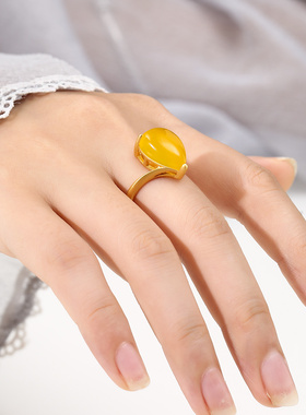 纯银水滴戒指空托蜜蜡琥珀宝石