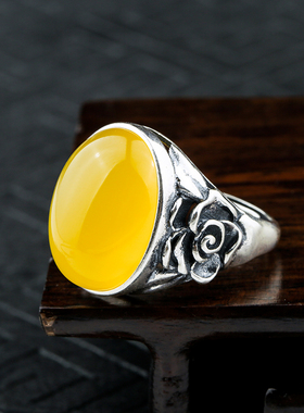 复古镶嵌琥珀蜜蜡活口银戒指