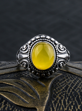 纯银复古活口蜜蜡霸气风戒指空托