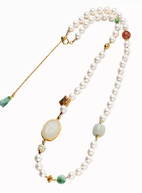 新中式天然淡水珍珠项链女和田白玉镶嵌S925银厚镀18K金小众轻奢