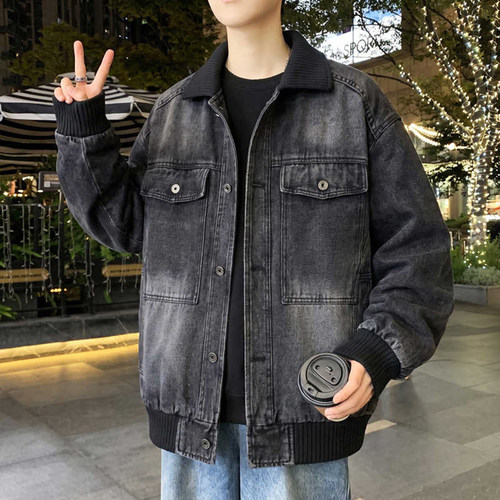 秋季新款复古水洗做旧牛仔外套男生潮牌修身翻领工装夹克长袖上衣 - 图0