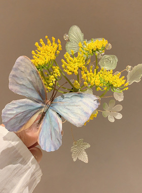 精致蝴蝶花朵发夹氛围感发夹唯美蝶恋花发夹汉服花枝配饰侧边夹女