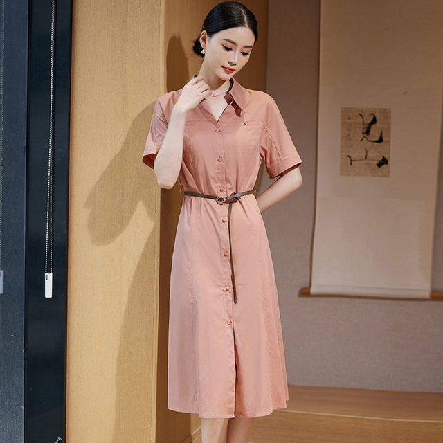 Fashionable Commuting Short Sleeve Shirt Dress Women's 2024 Summer Intellectual Elegant OL Lace-Up Mid-Length Skirt