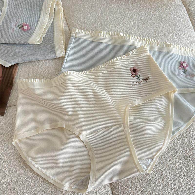刺绣小香风~A类螺纹纯棉内裤女生抗菌中腰包臀韩系学生三角短裤,淘宝优惠券,粉丝福利购,淘宝优惠卷