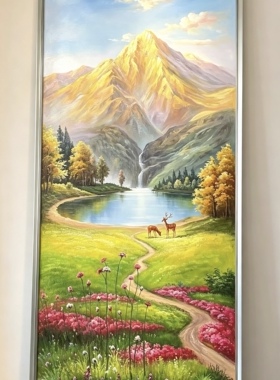 日出风景森林梅花鹿客厅手绘油画白桦树林装饰画一路发财玄关挂画