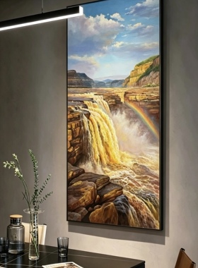 手绘油画黄河壶口瀑布画入户玄关装饰画正对门轻奢高级感客厅挂画