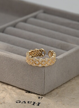 2026真金电镀镶锆石个性开口戒指女感几何麻花指环精致食指戒