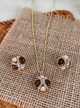 新中式轻奢感镶钻耳环复古美拉德虎眼石珍珠项链小众设计首饰