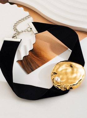 欧美新款复古时尚布料颈链项圈夸张圆形中古金镶珍珠耳环饰品