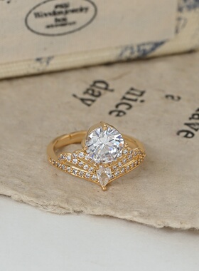 2026真金电镀镶锆石轻奢开口戒指女感宫廷皇冠女指环直播食指戒