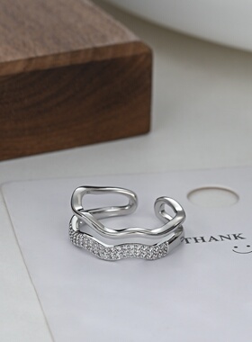 2026真金电镀微镶锆石个性开口戒指女感几何麻花指环冷淡风食指戒