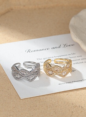 2026真金电镀锆石个性开口戒指女感叶子镂空指环精致食指戒