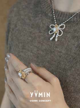 YVMIN尤目925银小熊珍珠宝石戒指