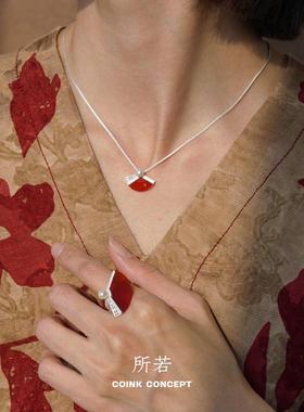 所若纯银珍珠盘长纹舞扇项链