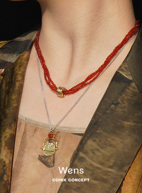 WENS 红玛瑙三层串珠项链 原创设计师度假复古礼物锁骨链 默叙
