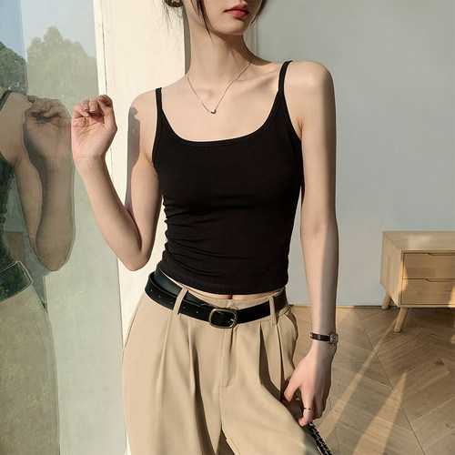 黑色纯棉u领美背吊带背心女内搭2025新款夏季带胸垫短款打底上衣 - 图1
