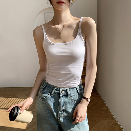 黑色纯棉u领美背吊带背心女内搭2025新款夏季带胸垫短款打底上衣 - 图3