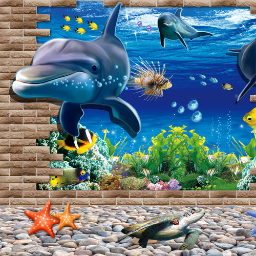 海底世界墙纸自粘墙贴墙画防水婴儿游泳馆海豚海洋定制壁画背景墙 - 图1