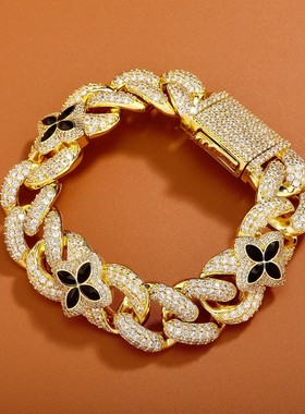 嘻哈说唱四叶草手链时尚潮酷痞帅古巴链高级感5A锆石彩色手饰品