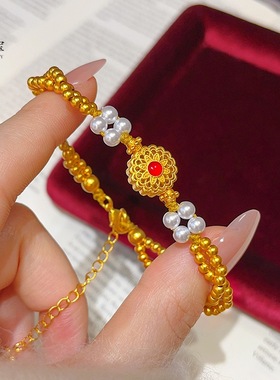 金包银古法花丝凤熹手链女高贵气质红宝石珍珠手链送女友礼物