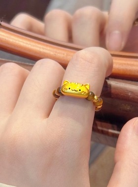 金包银虎眼石猫咪戒指女小众设计复古食指戒2025新款偏财指