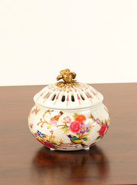 欧式铜配陶瓷手绘花鸟香炉装饰品