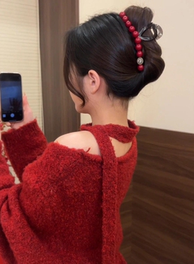 红色复古水钻抓夹韩系高级感发夹