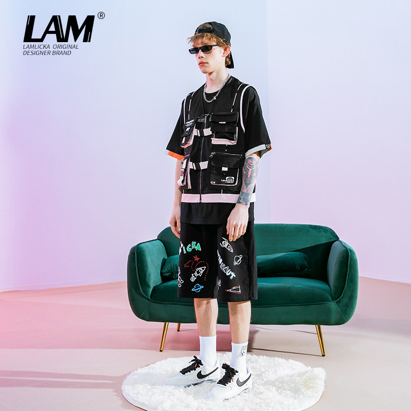 LAMLICKA小恶魔粉黑撞色机能工装马甲男潮无袖多口袋战术马夹背心,淘宝优惠券,粉丝福利购,淘宝优惠卷