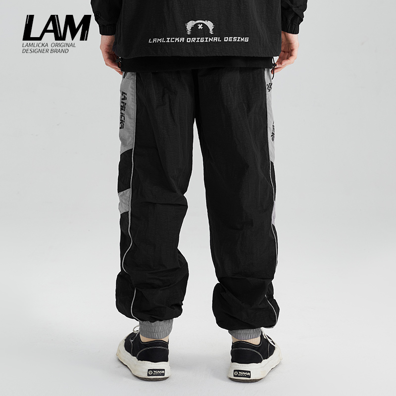LAMLICKA lam国潮反光条梭织字母束脚休闲裤男松紧运动抽绳长裤秋 - 图0