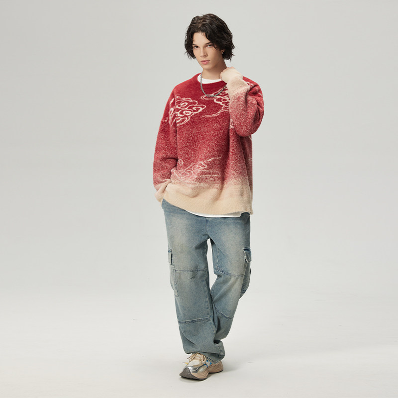 LAMLICKA新年款红色祥云提花针织毛衣男秋冬中式慵懒针织衫宽松,淘宝优惠券,粉丝福利购,淘宝优惠卷