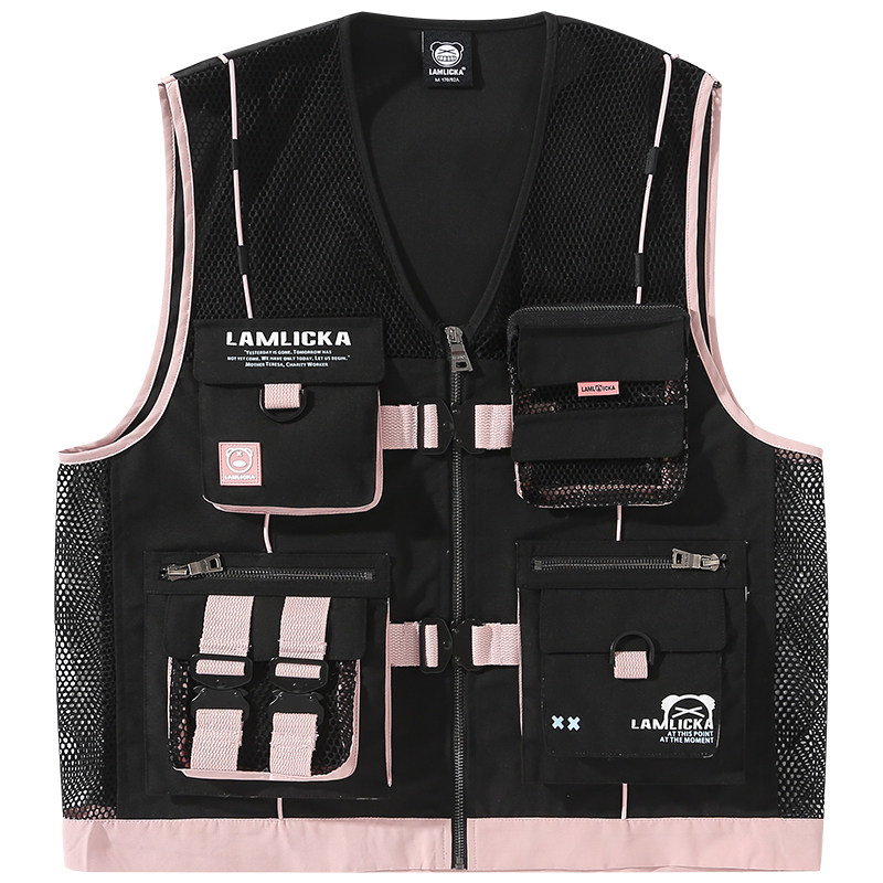 LAMLICKA小恶魔粉黑撞色机能工装马甲男潮无袖多口袋战术马夹背心,淘宝优惠券,粉丝福利购,淘宝优惠卷