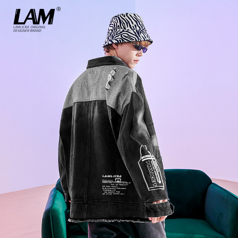 LAMLICKA小恶魔破洞秋季牛仔外套男潮牌宽松撞色拼接复古夹克外套,淘宝优惠券,粉丝福利购,淘宝优惠卷