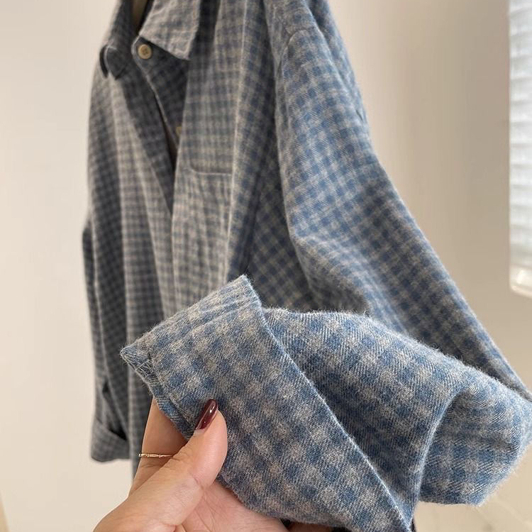 复古蓝色格子磨毛衬衫女2025春秋慵懒棉质长袖衬衣设计感外套上衣 - 图2