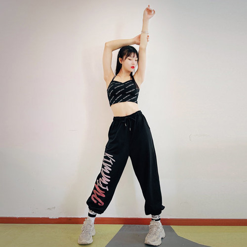 美式新款宽松运动束脚裤女夏薄字母jazz跳舞练功裤街舞爵士舞裤子 - 图1