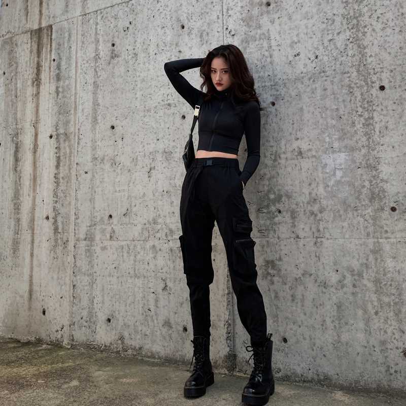 黑色工装裤女夏季薄款小个子机车风松紧高腰裤子多口袋休闲裤束脚