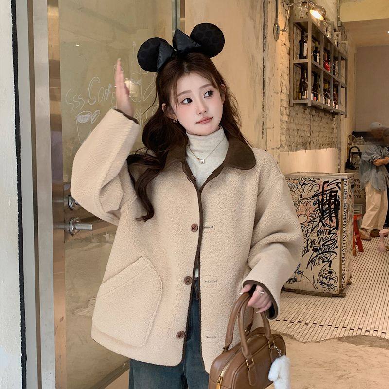 两面穿加绒短款外套女秋冬皮毛一体翻领麂皮绒复古羊羔毛棉服工装,淘宝优惠券,粉丝福利购,淘宝优惠卷