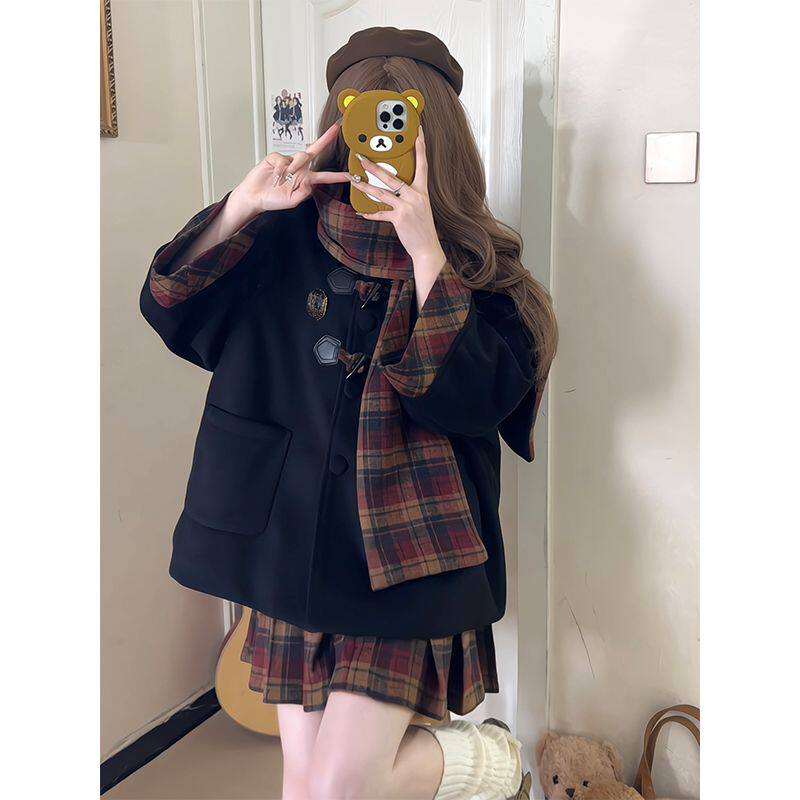 JK制服牛角扣百褶裙两件套装秋冬学院风毛呢外套围巾百搭复古英伦,淘宝优惠券,粉丝福利购,淘宝优惠卷