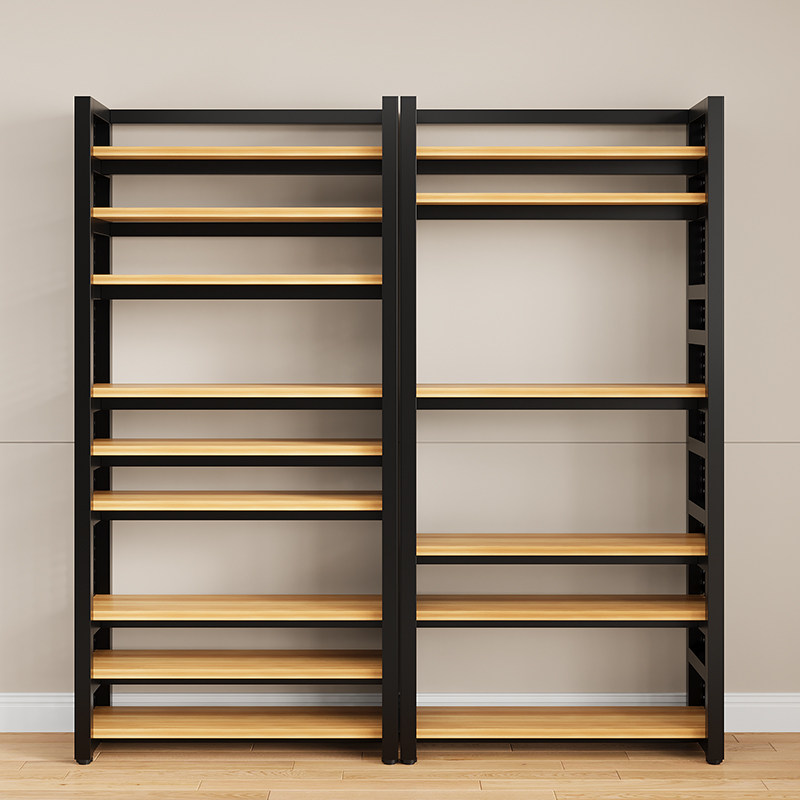 Multi-layer perforated board storage iron bookshelf against the wall
