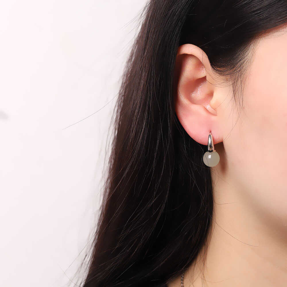 天然玉圆珠耳环女925纯银耳坠短款简约时尚高级感气质耳饰饰品