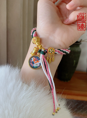 藏式粉绿手绳唐卡手绘狐仙女捕梦网手链嘎乌盒轮回手串饰品手链