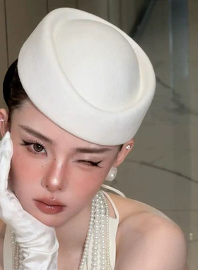 Jennie同款赫本白色贝法式贝雷帽小礼帽空姐制服礼仪帽复古帽子新