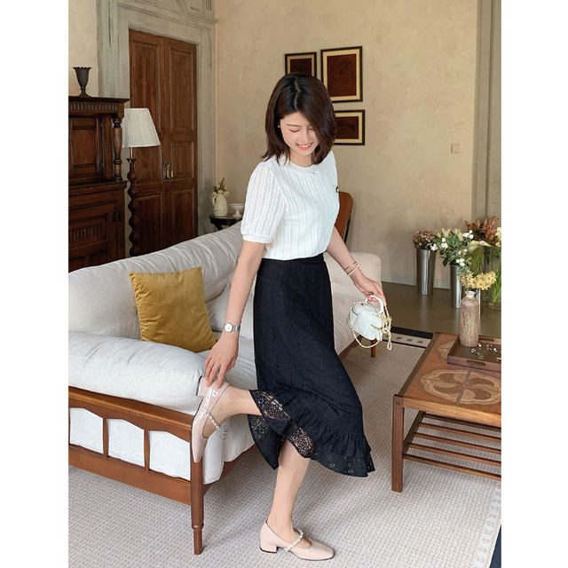 ສິ້ນກະໂປງ lace elegant ສີດໍາ